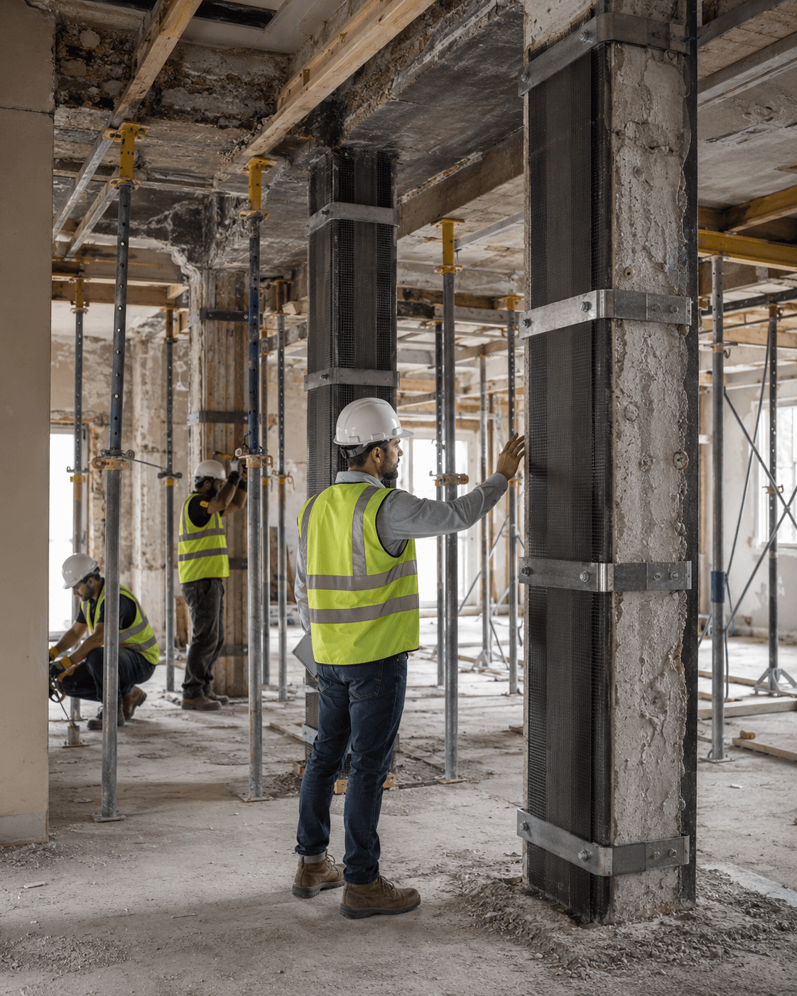 Poteaux consolidés et étayés dans un bâtiment en cours de confortement