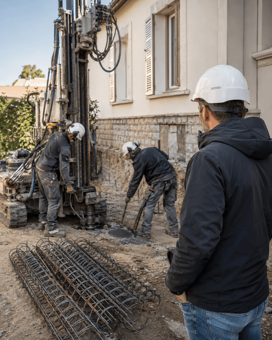 Foreuse à micropieux en action le long d'une façade en site urbain restreint