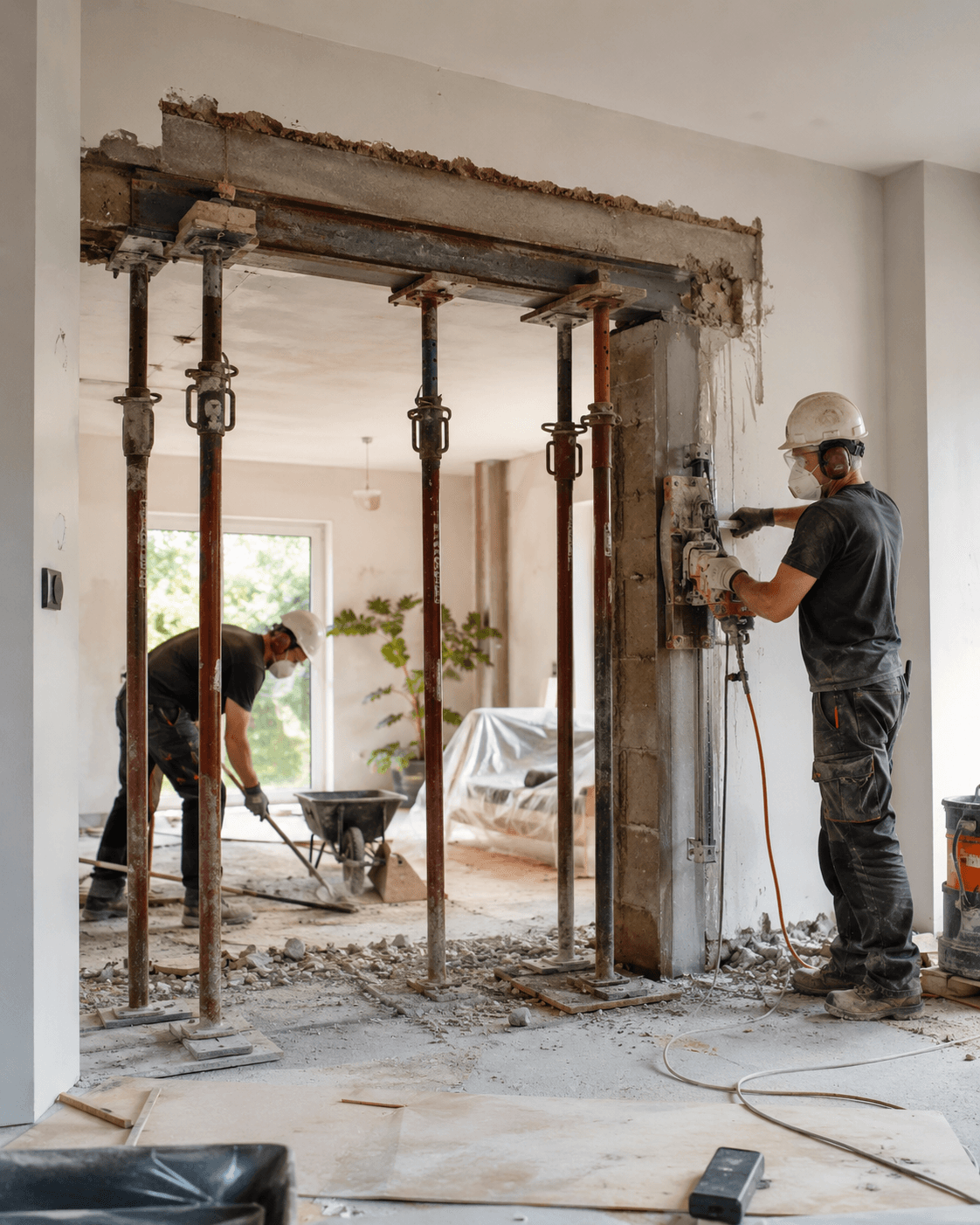 Ouverture d'un mur porteur sous étais, découpe en cours avec équipement de sciage