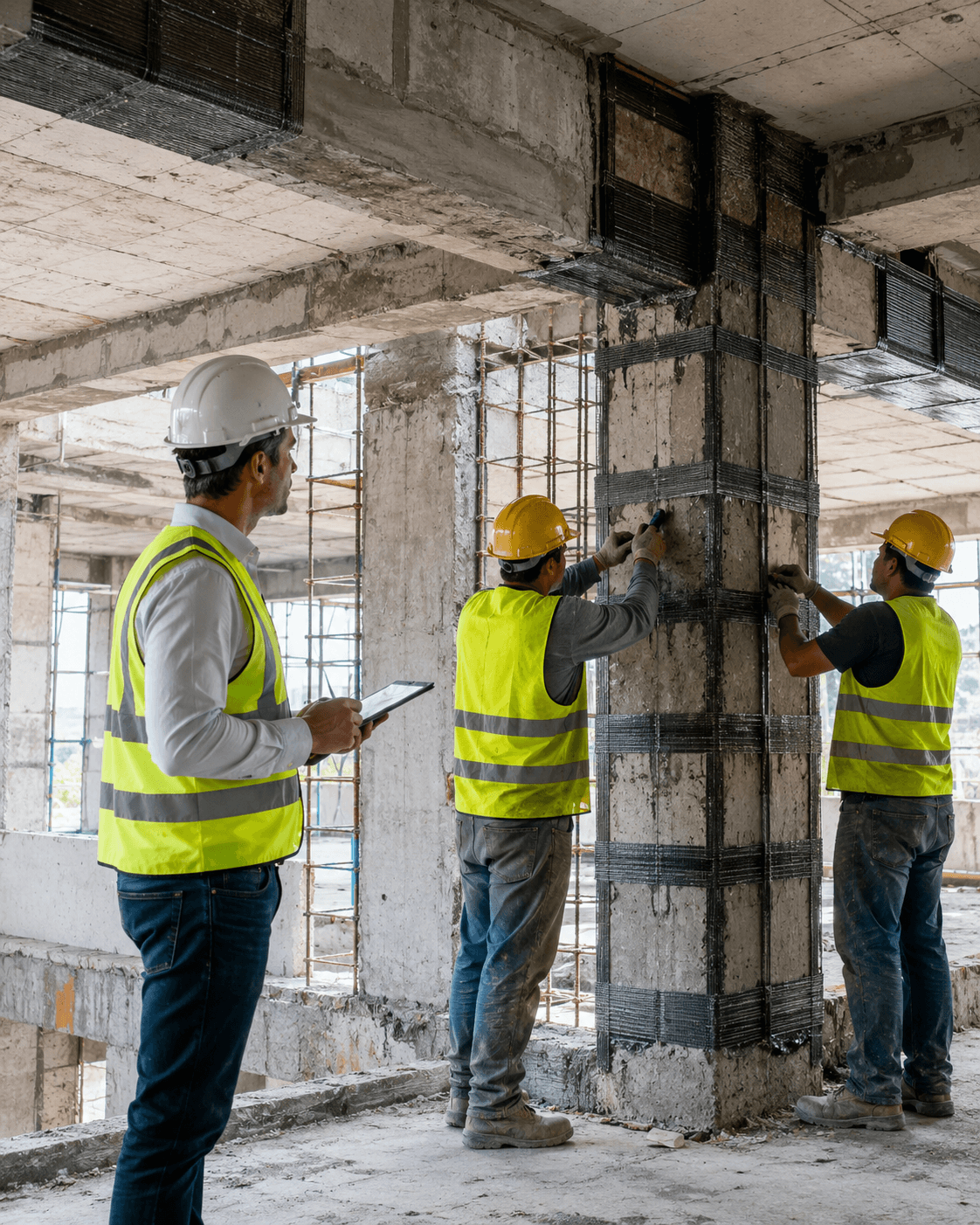 Renforcement de poteau béton par tissu de fibre de carbone sous contrôle d'un ingénieur