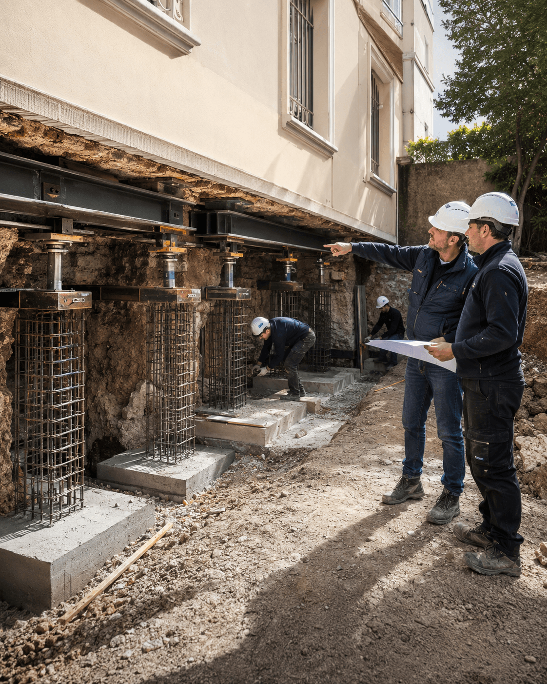Bâtiment repris en sous-œuvre sur vérins et poteaux béton armé en cours de coulage