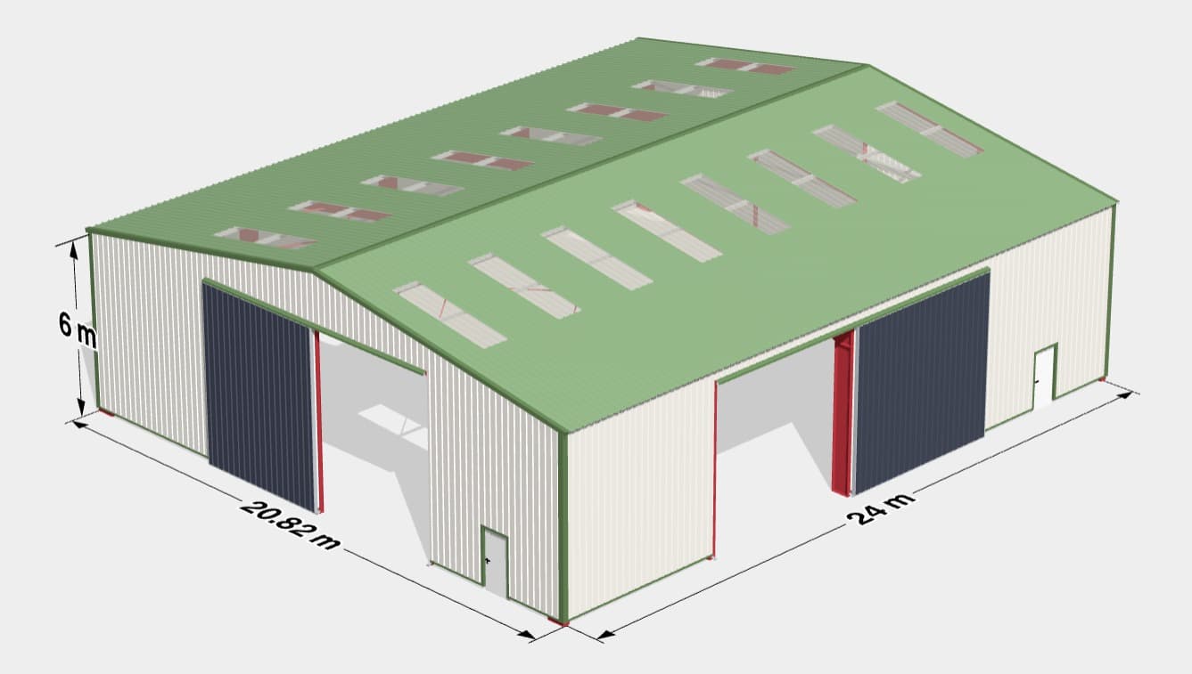 Ossature de hangar métallique sur mesure, 24 × 20,82 m et 6 m au faîtage