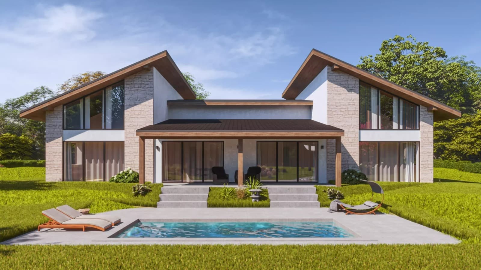 Maison préfabriquée contemporaine en bois et pierre avec piscine